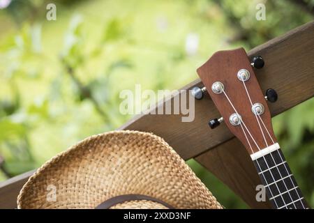 Ukulele su una panca di legno parco in estate, area verde in uno sfondo sfocato Foto Stock