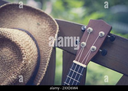 Ukulele su una panca di legno parco in estate, area verde in uno sfondo sfocato Foto Stock