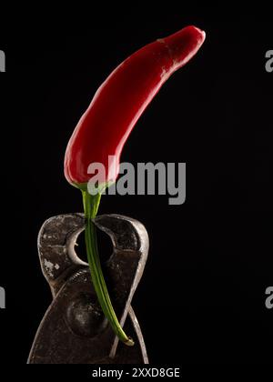 Vecchio arrugginito pinze tenendo una salsiccia per pizza rosso su sfondo scuro Foto Stock