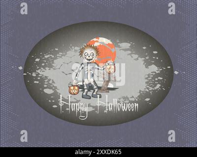 A skeleton is holding two pumpkins and a skull. The background is a graveyard with a moon in the sky Stock Vector