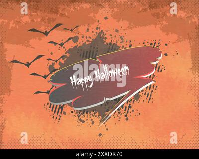 A Halloween sign with bats and a red background. The sign is orange and has a spooky feel to it Illustrazione Vettoriale