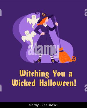 Strega con spazzatrice e fantasmi Illustrazione Vettoriale