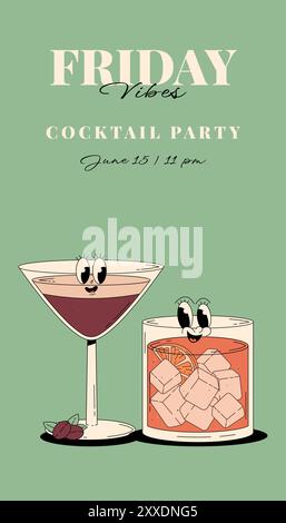 Retro Groovy Party Invitation. Funky cocktail characters Tini espresso martini and negroni. Vintage Friday vibes. Summer vector vertical poster Stock Vector