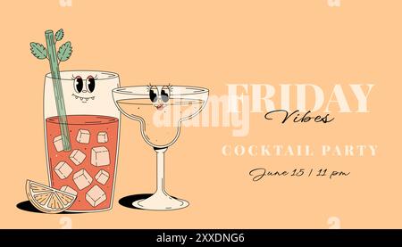 Invito alla festa retro Groovy. I personaggi dei cocktail Bloody mary e daiquiri. Vibrazioni vintage del venerdì. Banner orizzontale vettoriale estivo Illustrazione Vettoriale