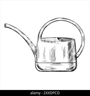 Disegno nero lineare annaffiatoio grigio giardino con beccuccio lungo. Uno strumento di lavoro per fioristi, agricoltori e giardinieri. Attrezzature per fiori, piante, semi, Illustrazione Vettoriale