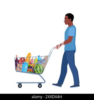Uomo nero con un carrello pieno di merci. Un uomo allegro acquista cibo in un negozio di alimentari. Carrello per supermercati. Illustrazione vettoriale Illustrazione Vettoriale