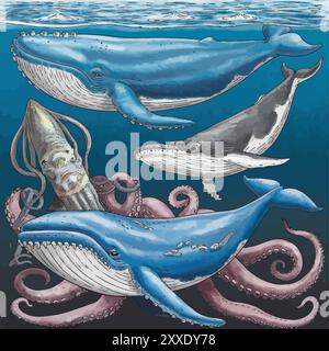 Set di icone vettoriali di pesci su sfondo bianco, icone di pesci vettoriali per il tuo design - set di grandi creature oceaniche Illustrazione Vettoriale