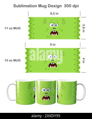Divertente faccia da mostro verde. Modello di sublimazione per tazza da caffè da 360 ml e 360 ml. Foto Stock