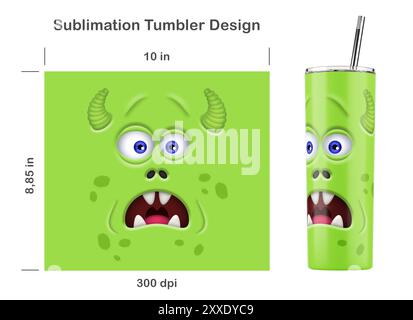 Divertente faccia da mostro verde. Dima a sublimazione senza cuciture per frusta Skinny da 20 once. Senza cuciture da bordo a bordo. Avvolgimento completo. Foto Stock