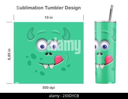 Divertente faccia da mostro verde. Dima a sublimazione senza cuciture per frusta Skinny da 20 once. Senza cuciture da bordo a bordo. Avvolgimento completo. Foto Stock