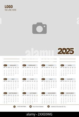 2025 progettazione calendario, modello calendario parete, formato A4, facile posizionamento immagine Illustrazione Vettoriale