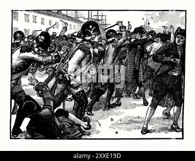 Una vecchia incisione del “massacro di Ropewalk” di Boston, Massachusetts, USA nel 1770. È tratto da un libro di storia vittoriana del 1900 circa. L'industria del ropemaking continuò ad espandersi tra gli anni '1730 e la guerra d'indipendenza. Le passeggiate a fune di Boston sono diventate uno dei tanti luoghi in cui la resistenza alla Corona britannica si è trasformata in una neonata rivoluzione. Scuffles scoppiò tra soldati britannici e operai alle passerelle di Atkinson Street. Si trasformò in un serio confronto e i rapinatori Samuel Grey e Crispus Attucks furono entrambi uccisi. Foto Stock