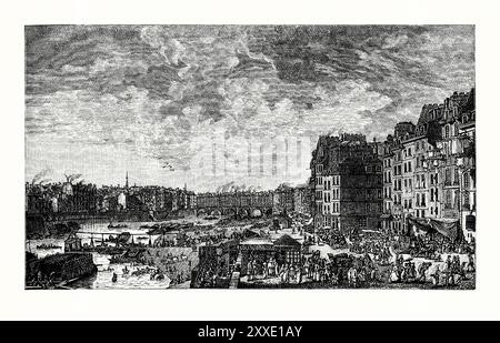 La zona portuale del porto di Parigi, Francia, nel 1782. È tratto da un libro di storia vittoriana del 1900 circa. C'era molta attività commerciale sulle rive del fiume Senna con navi e péniches (chiatte) che caricavano e scaricavano merci. Quest'area comprende il Bassin de l'Arsenal (Port de l'Arsenal), un bacino per imbarcazioni. Collega il Canal Saint-Martin, che inizia da Place de la Bastille, alla Senna, presso il Quai de la Rapée. Foto Stock