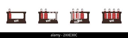 Vettoriale della cassa del vino. Set di scatole con vettore flaconi. Set di bottiglie di vino. Adesivi di una scatola vuota e piena con flaconi. Portabottiglie. Illustrazione Vettoriale