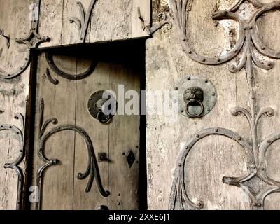 Brioude, due battitori di porta in bronzo raffiguranti un leone e una scimmia, Basilica Saint Julien (Basilique Saint Julien), alta Loira, Alvernia, Francia Foto Stock