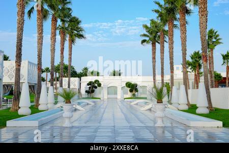 Ingresso prospettico alberato con palme e moderna casa di lusso, Sannicando di Bari, Puglia, Italia Foto Stock