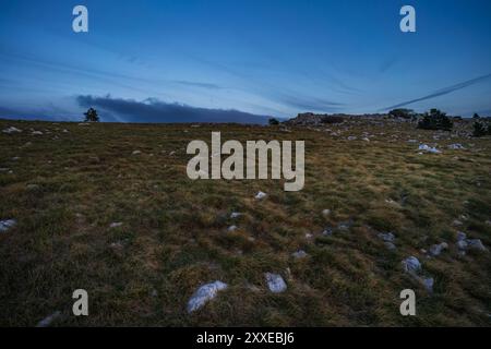 Serata suggestiva su un prato tra le montagne croate a fine estate. Foto Stock