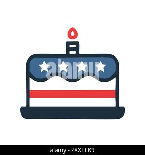 Torta patriottica con candela. Un cartone animato che raffigura una torta decorata con la bandiera americana e una candela accesa. Illustrazione Vettoriale