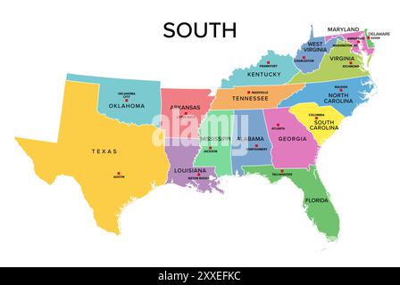 Sud, regione del censimento degli Stati Uniti, mappa politica a colori. Censimento regione 3 degli Stati Uniti, costituito da 16 singoli stati e Distretto di Columbia. Foto Stock
