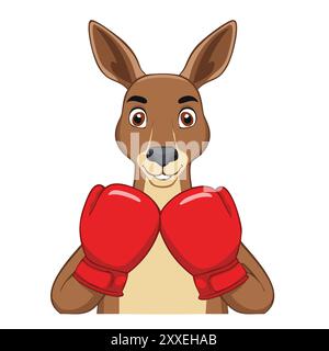 Mascotte dei cartoni animati del canguro di pugilato. Divertente canguro dei cartoni animati che indossa guanti da boxe e guarda la macchina fotografica. Il marsupiale è pronto per una lotta. Illustrazione Vettoriale