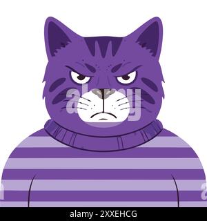 Gatto viola arrabbiato in maglione a righe. Illustrazione a fumetto di un gatto viola con un'espressione scontrosa, che indossa un maglione a righe. Illustrazione Vettoriale