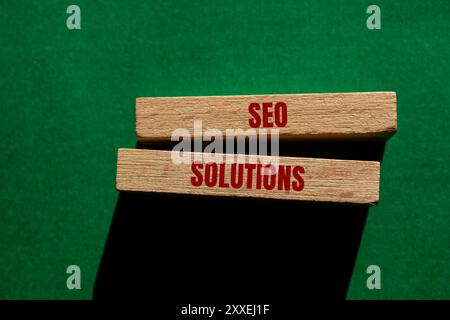 Messaggio SEO Solutions scritto su blocchi di legno su sfondo verde. Simbolo delle soluzioni seo concettuali. Copia spazio. Foto Stock