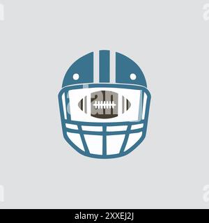Casco da calcio con icona della palla. Semplice icona vettoriale di un casco da football americano bianco e blu con interno un pallone da calcio. Illustrazione Vettoriale