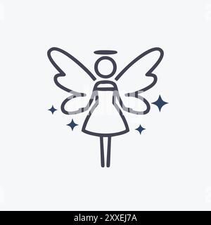 Angelo con alone e ali. Disegno in linea di un angelo con ali, alone e stelle. Design semplice e minimalista. Illustrazione Vettoriale