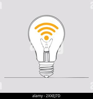 Idea della lampadina con segnale wi-fi. Una semplice linea di una lampadina con un segnale wifi all'interno. Questo concetto può rappresentare idee e comunicazione. Illustrazione Vettoriale