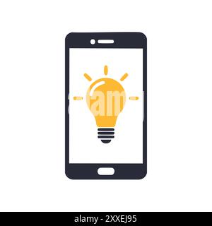 Telefono cellulare con icona della lampadina. Immagine dello schermo di uno smartphone che mostra una lampadina a incandescenza, simboleggia l'innovazione e le idee. Illustrazione Vettoriale