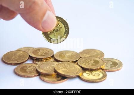 A mano che regge monete d'oro con spazio personalizzabile per testo o idee. Concetto di ricchezza e copia spazio. Foto Stock