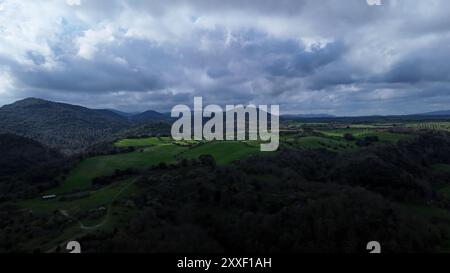 Lussureggianti campi verdi si estendono attraverso il paesaggio, incorniciati da colline lontane, mentre le nuvole scure si insinuano sopra la testa, suggerendo una tempesta in avvicinamento nella tranquillità Foto Stock