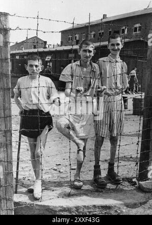 Gaunt ed emaciati bambini sopravvissuti al campo di concentramento di Buchenwald. Buchenwald e i suoi 139 sottocampi erano campi di lavoro forzato, non campi di sterminio e lì non c'erano camere a gas. Tuttavia cattive condizioni, abusi ed esecuzioni hanno portato a 56500 morti. Liberata dall'esercito americano l'11 aprile 1945. La foto è datata 11 aprile 1945, il giorno in cui il campo è stato liberato dall'esercito americano. Foto Stock