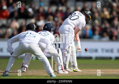 Old Trafford, Manchester on Saturday 24th August 2024. Ollie Pope #80 of England batting during the 1st Rothesay Test match between England and Sri Lanka at Emirates Old Trafford, Manchester on Saturday 24th August 2024. (Photo: Mike Morese | MI News) Credit: MI News & Sport /Alamy Live News Stock Photo