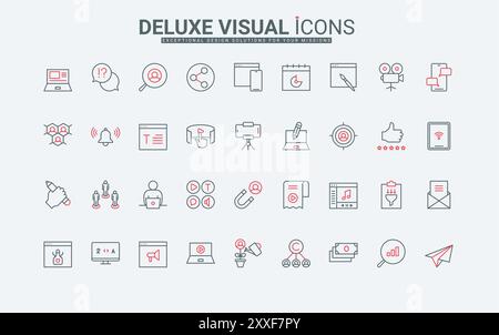 Creazione di contenuti digitali per blog e vlog, protezione dei diritti d'autore e promozione in un set di icone delle linee dei social media. Immagine vettoriale dei simboli sottili neri e rossi del contorno del pubblico di destinazione Illustrazione Vettoriale