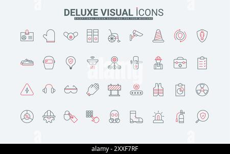 Set di icone delle norme sulla salute e la sicurezza sul luogo di lavoro. Occhiali e indumenti da lavoro sicuri, protezione contro il rischio di incidenti e disabilità sottili simboli di contorno neri e rossi illustrazione vettoriale Illustrazione Vettoriale