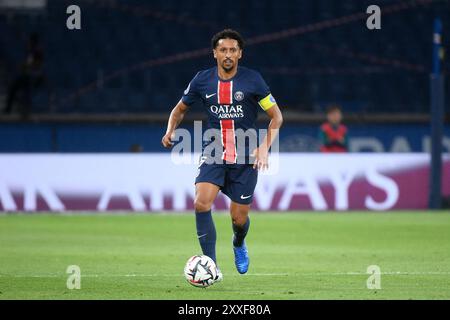 Parigi, Francia. 23 agosto 2024. Marquinhos durante la partita di calcio di Ligue 1 tra PSG e Montpellier, a Parc des Princes, Parigi, Francia, il 23 agosto 2024. Foto di Lionel Urman/ABACAPRESS. COM credito: Abaca Press/Alamy Live News Foto Stock