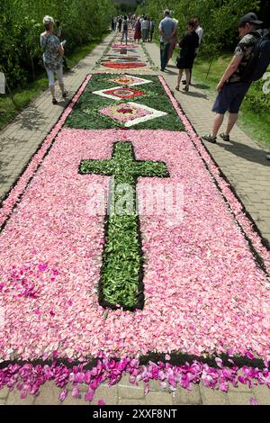 Spycimierz, Polonia - 30 maggio 2024: Persone che osservano o creano tappeti colorati di fiori durante le festività religiose Foto Stock