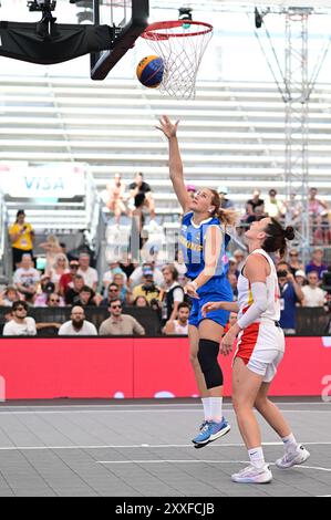 Vienna, Austria. 24 agosto 2024. VIENNA, AUSTRIA - 24 AGOSTO: L'Ucraina Tetiana Yurkevichus segna durante i quarti di finale femminile tra Spagna e Ucraina il giorno 3 della Coppa Europa FIBA 3x3 a Kaiserwiese il 24 agosto 2024 a Vienna, Austria.240824 SEPA 38 033 - 20240824 PD5806 credito: APA-PictureDesk/Alamy Live News Foto Stock