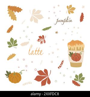 Set di spezie di zucca prodotti aromatizzati di stagione, caffè, latte. Bevanda autunnale isolata su sfondo bianco. Raccolta di elementi vettoriali e Botany il Illustrazione Vettoriale