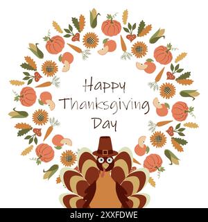 Buon giorno del Ringraziamento simpatico background con tacchino. Ringraziate l'illustrazione piatta. Cornice rotonda da foglie zucche. Digitare lettere. Modello per scheda Illustrazione Vettoriale
