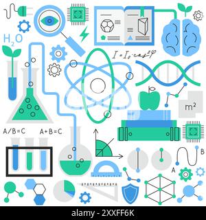 Set di linee piatte per chimica fisica Illustrazione Vettoriale