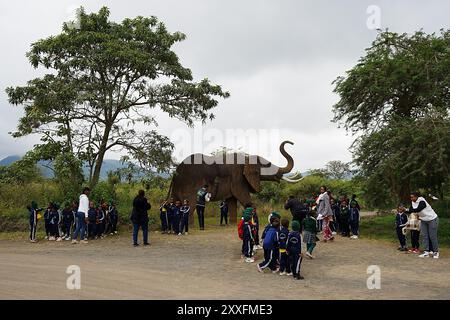 ARUSHA, TANZANIA - 19 luglio 2024: Gruppo scolastico con elefante artificiale all'ingresso del parco nazionale africano, cielo nuvoloso nella calda giornata invernale. Foto Stock