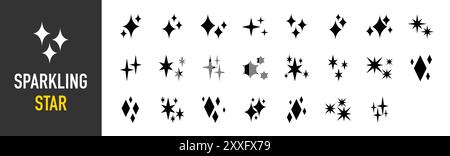 Set di icone scintillanti. Collezione Twinkle Stars. Icona stella splendente. Brillantezza, brillantezza, brillantezza e pulizia. Scintillio stellare. Illustrazione vettoriale. Disegna a mano. Illustrazione Vettoriale