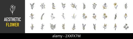 Set di fiori estetici disegnati a mano, collezione di elementi floreali Vector minimal, monocromatici, fiori lineari, foglie per poster, arte murale, coperchio. Illustrazione Vettoriale