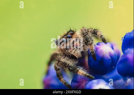 Un ragno che salta (Salticidae) è visto in una foto macro dettagliata, coperta da gocce d'acqua e seduta su un fiore blu. La vista ravvicinata evidenzia t Foto Stock