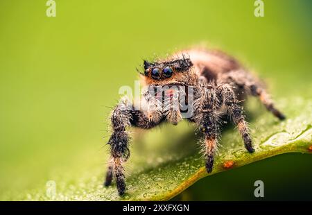 Un ragno che salta (Salticidae) è visto in una foto macro dettagliata, coperta da gocce d'acqua e seduta su una foglia verde. La vista ravvicinata evidenzia il valore Foto Stock