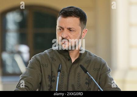 Kyiv, Ukraine. 24th Aug, 2024. Volodymyr Zelenskyy, President of Ukraine, takes part in a joint briefing on the 33rd anniversary of the independence of Ukraine on August 24, 2024 in Kyiv, Ukraine. Credit: SOPA Images Limited/Alamy Live News Stock Photo