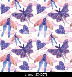 Elegante motivo celeste senza cuciture con farfalle. Sfondo magico boho con elementi spaziali, stelle, nuvole, su bianco Foto Stock
