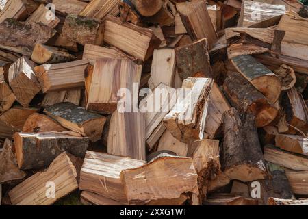 Una pila ordinata di tavole di legno si trova una sopra l'altra, formando una disposizione stabile Foto Stock